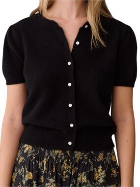 Kourt Few Moda Edie Cashmere Cardigan Sweater Black Short-Sleeve Button-Front